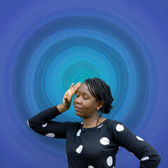 African Woman Hand on Head EMF Protection Pain Relief Blue Art Background