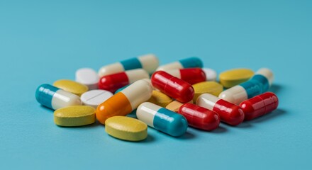 Medical Photo Showing Medication Pills Capsules Tablets in Blue Background