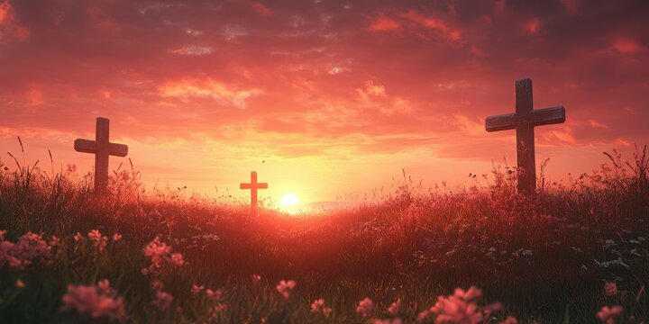 Tranquil sunset over a serene cemetery with wooden crosses and blooming flowers in the foreground