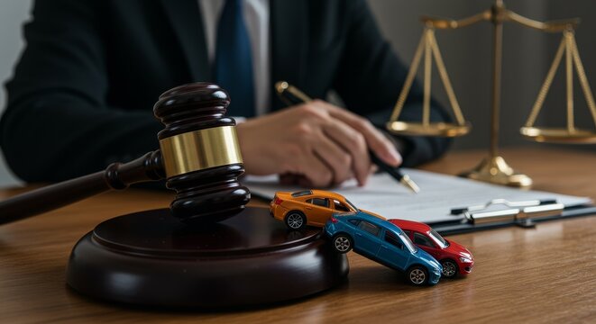 Law Photo Featuring Gavel Scales and Toy Cars Damage Insurance