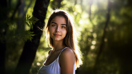 young woman with a serene expression in a sunlit forest