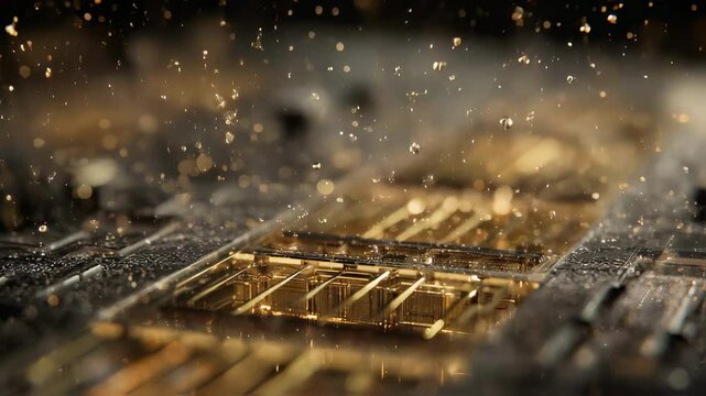 Coolant droplets falling and splashing on quantum processor surface, highlighting precise temperature regulation within closed loop cooling system for advanced computing performance