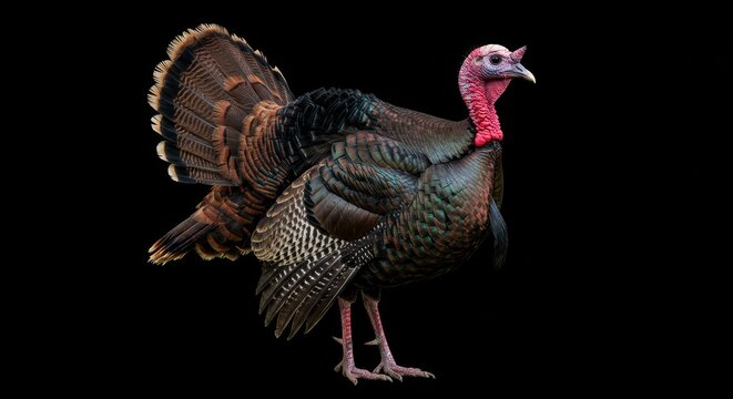 Majestic Turkey Isolated Against Black Backdrop Wildlife Portrait
