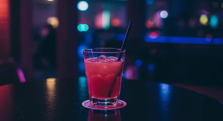 Night Photo Cocktail Drink Alcohol Glass Bar With Ice and Straw