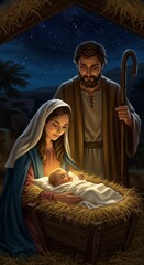 Illustration of Nativity Scene Holy Family with Baby Jesus at Night