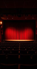 Empty Theatre Stage with Red Curtain Seats Performance and Spotlight
