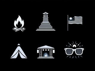 Fototapeta premium Graphic set of two-tone patriotic icons: monument silhouette, campfire, striped sunglasses, and concert stage—modern and clean for event visuals