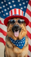 Patriotic German Shepherd with American Flag Hat and Sunglasses Portrait