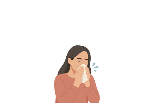 A woman sneezing in handkerchief. Sick young woman suffers from a runny nose. Vector illustration.