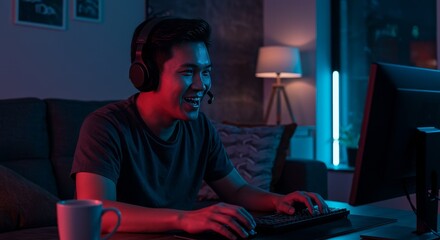 Excited Man Plays Video Game With Headphones in Neon Light Photo