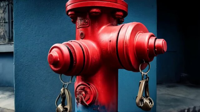 Red and blue fire hydrant on a city street, featuring vintage style with worn paint texture and attached unique metal objects.