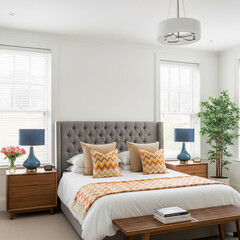 Fototapeta premium Bright, clean bedroom. Grey tufted headboard, wood nightstands, blue lamps, & windows with blinds. Accents include patterned pillows, throw, & potted plant.