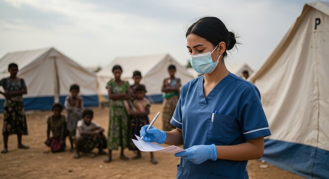 Photo Nurse Provides Aid in Refugee Camp with Medical Care - Powered by Adobe