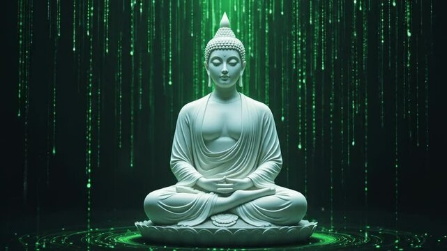 white buddha statue in meditation pose on black background with green rain matrix. vesak festival, buddhist festival and lord buddha, meditation and mindfulness, technology and buddhism. 4k video