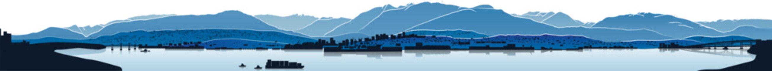 Vancouver and North Shore Mountains panorama. Illustration of waterfront city with ocean and mountains. Drawing of Vancouver, Lions Gate and Second Narrows Bridge, and North and West Vancouver.