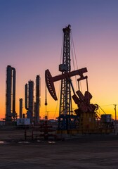 Industrial Photo of Oil Pump Silhouette Against Golden Sunset Sky