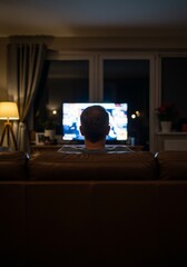 Fototapeta premium Photo Man Watching Television From Behind On Sofa Night