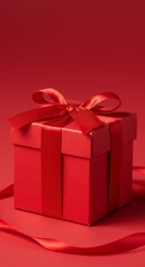 Obraz premium Photo of a Red Gift Box with Ribbon on Red Background Holiday