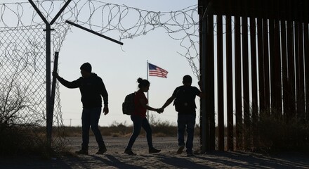 People Silhouette Crossing Border Wall at United States And Mexico