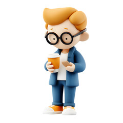 3D Character with Coffee and Phone: Modern Lifestyle and Technology Concept