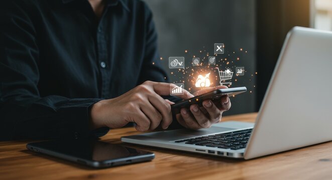Photo of Man Using Smartphone Laptop Technology Business Network