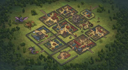 Fototapeta premium Isometric Aerial View of Fantasy Medieval Village Dragons Landscape