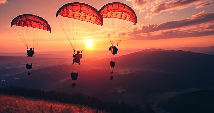 Three figures in silhouette are suspended under an orange red sunset sky with a mountain range background