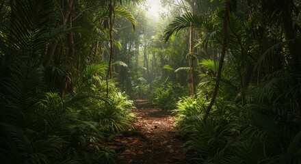 Fototapeta premium Lush Forest Trail with Sunlight Shining Through Green Trees Photo