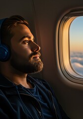Photo Handsome Bearded Man Looks Sky Airplane Window Travel