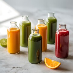 Assortment of freshly made fruit and vegetable juices in glass bottles for healthy nutrition