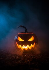 Glowing Carved Halloween Pumpkin Dark Spooky Jack-o'-lantern Celebration