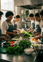 Photo People Cooking Together Food in Kitchen Culinary Workshop