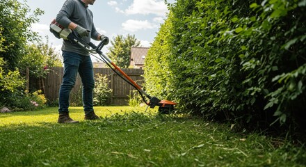 Man Cutting Grass With Trimmer In Summer Gardening Day Outdoor