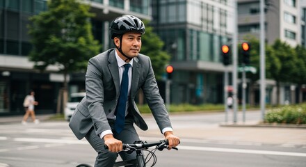 Photo of Asian Businessman Commuting in Gray Suit Riding Bicycle