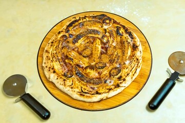 Traditional Brazilian sweet banana pizza with cinnamon and condensed milk. The best pizza in the world