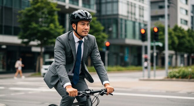 Photo of Asian Businessman Commuting in Gray Suit Riding Bicycle - Powered by Adobe