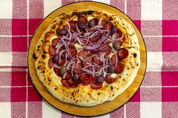 Traditional Brazilian Calabrian sausage pizza. Brazilian food, real food