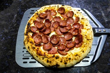 Traditional Brazilian Calabrian sausage pizza. Brazilian food, real food