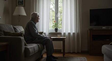 Photo Sad Senior Man Alone Pensive by Window At Home Sunlight