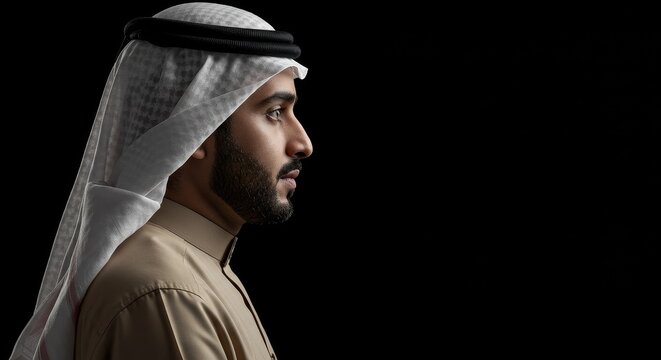 Photo Of Saudi Man In Traditional Dress Kefiah Profile On Black