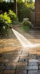 Outdoor Photo Power Washing Brick Pavement With Water Jet Spraying