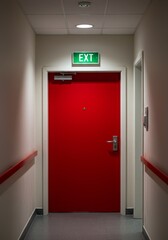 Hallway Photo of Red Exit Door with Exit Sign on Wall Indoors