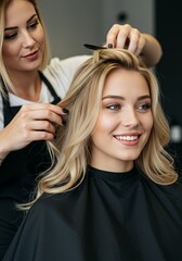 Fototapeta premium Photo Blonde Woman Receiving Hair Treatment Hairdresser Holds Comb