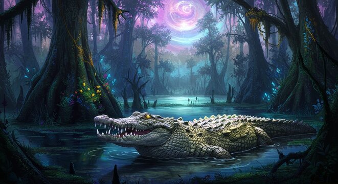 Pixel Art Crocodile in Swamp Detailed Pixel Landscape Pixelated River