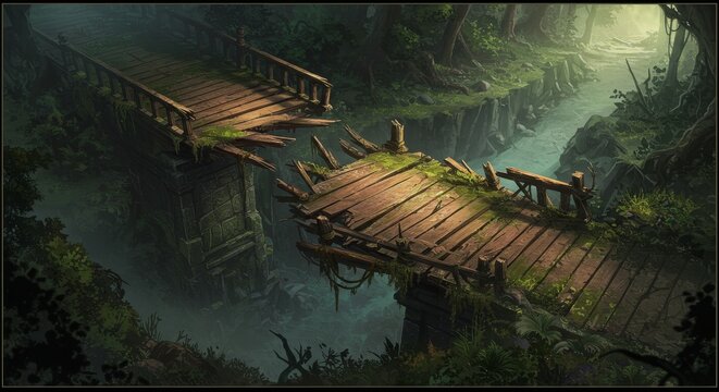 Pixel Art Forest Ruins Bridge Trees Overgrown Landscape Nature