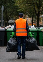 Photo Man Collects Garbage Bags Cleaning Urban Street