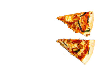 Slices of pizza on white background.
