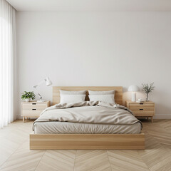 Minimalist bedroom with light wood bedframe, white linens, bedside tables, and large window. Clean, bright aesthetic.