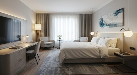 Realistic Hotel Bedroom Interior with Bed Desk Armchair and Artwork