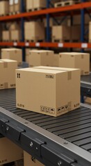 Realistic Image Brown Cardboard Boxes on Conveyor Belt in Warehouse